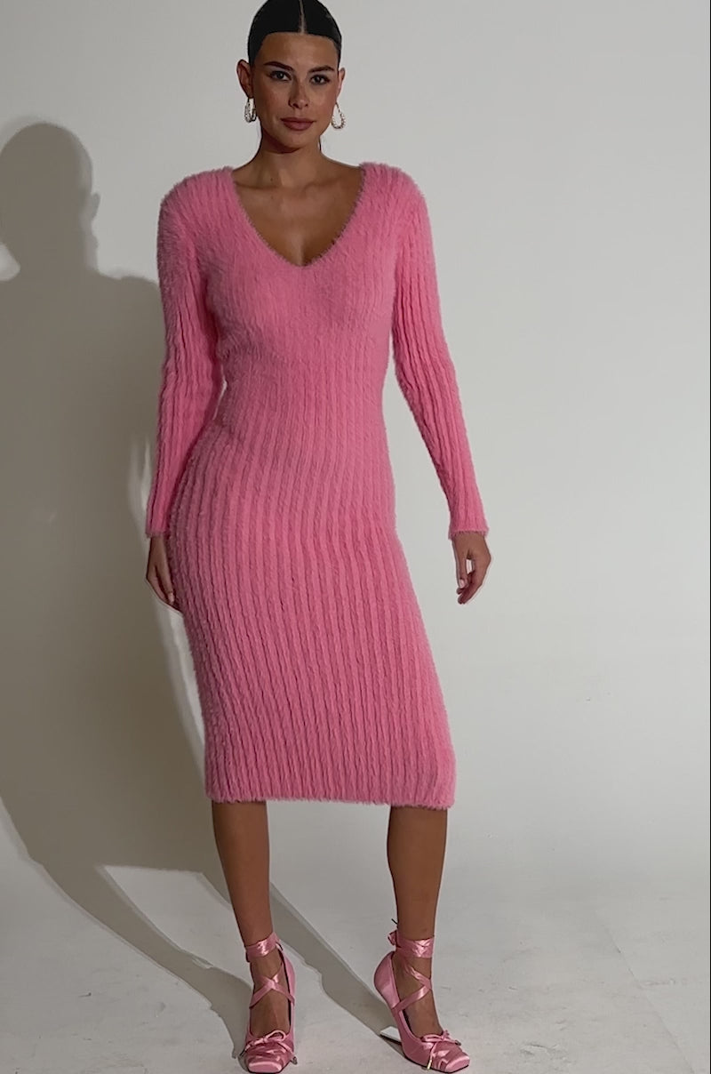 open lace back dress Pink Thick Ribbed Knit Maternity Maxi Sweater Dress main image 1