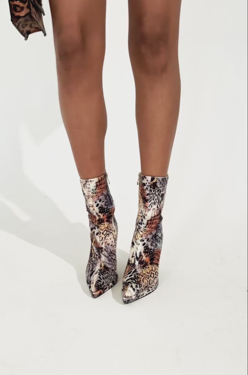 AZALEA WANG TAURA MULTI RHINESTONE EMBELLISHED ANIMAL PRINT BOOTIE