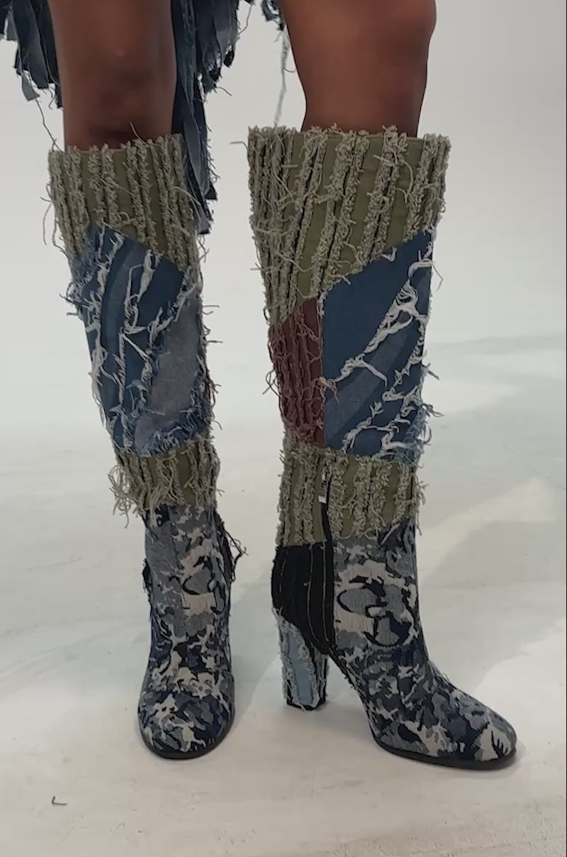 Video of woman modeling the AZALEA WANG MARGEE MULTI CHUNKY KNEE HIGH BOOT, featuring blue, green, and beige textured patchwork.