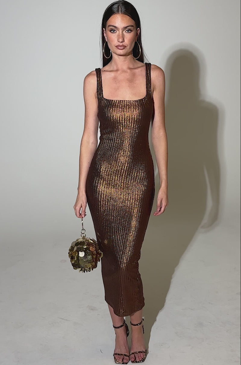 WHY NOT METALLIC MIDI DRESS IN BRONZE – AKIRA