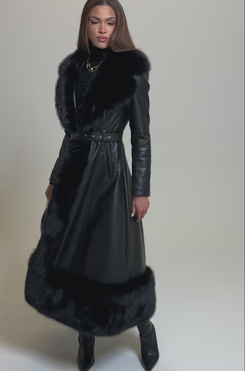 Video of woman modeling the VIVAN LONG PU TRENCH WITH FAUX FUR TRIM