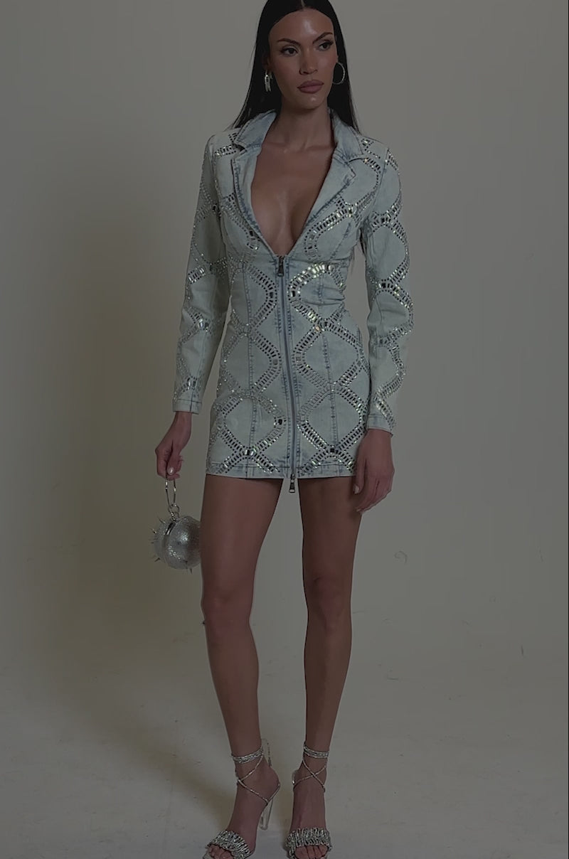 LOOK AT ME RHINESTONE BLAZER DRESS IN LIGHT BLUE DENIM – AKIRA