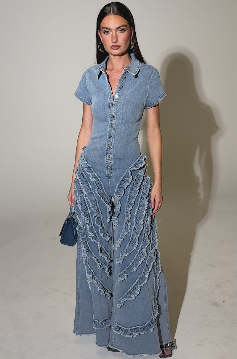 LEAVE IT RUFFLED JUMPSUIT IN DENIM – AKIRA