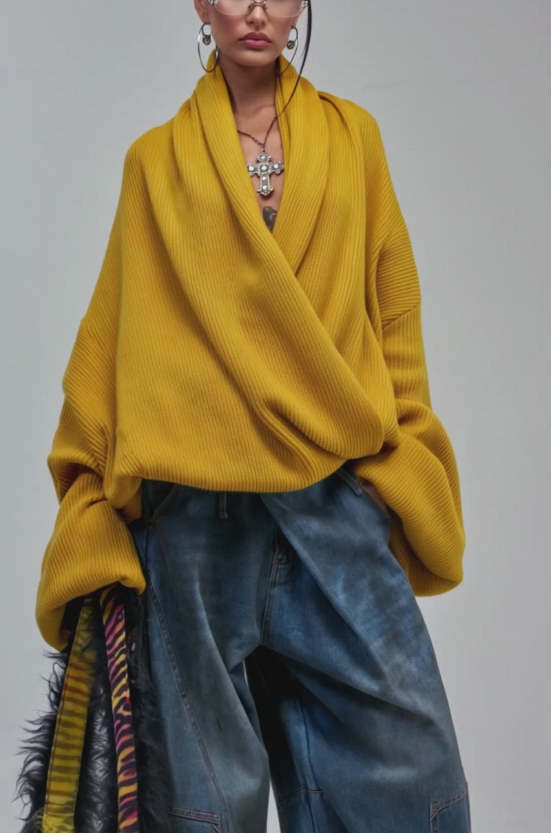 Video of a woman modeling the CRAZY FOR YOU CROSS FRONT SWEATER IN MUSTARD.