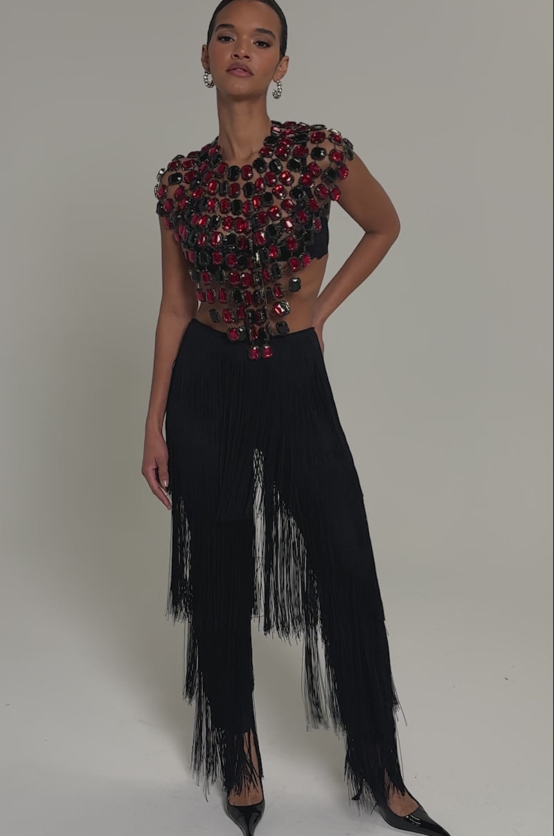 Video of woman modeling the RUBY RHINESTONE BLOUSE, adorned with large red and black stones. The midriff-baring top pairs with a black fringed skirt, set against a plain background that highlights the blouse's bold gemstone design.