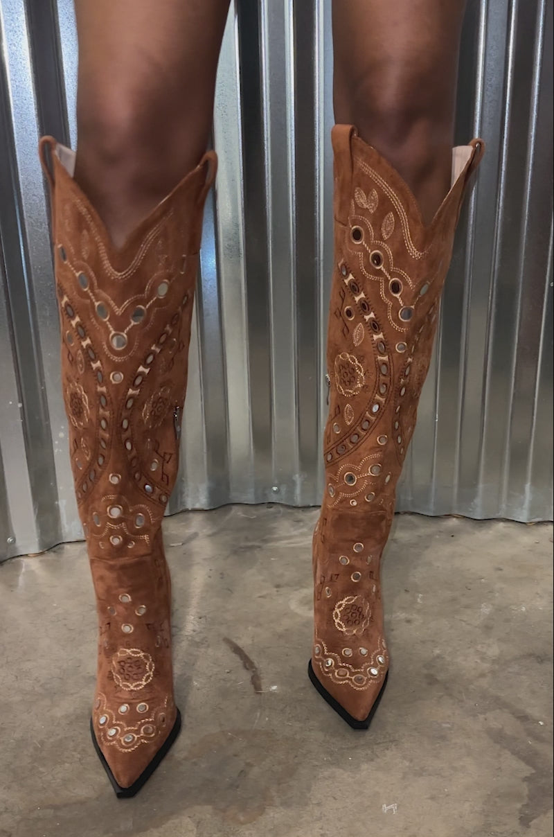 Video of woman modeling the AZALEA WANG AAMINAN Tan Faux Suede Embellished Stiletto Boot features intricate embroidery, cut-out details, a pointed toe, and decorative stitching.