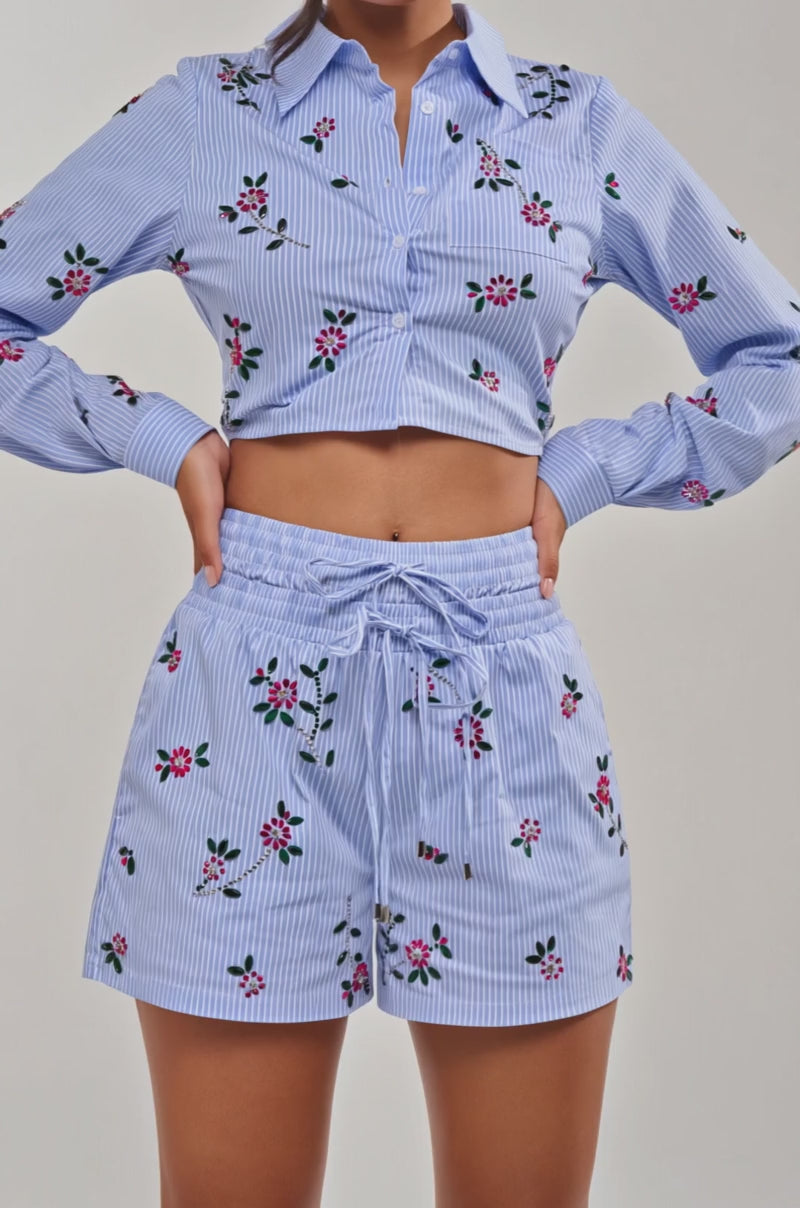 Video of woman modeling the JUNIE POPLIN RHINESTONE DETAIL BLOUSE, a blue striped, long-sleeve, collared crop top with rhinestone accents, paired with matching high-waisted shorts against a plain light background.