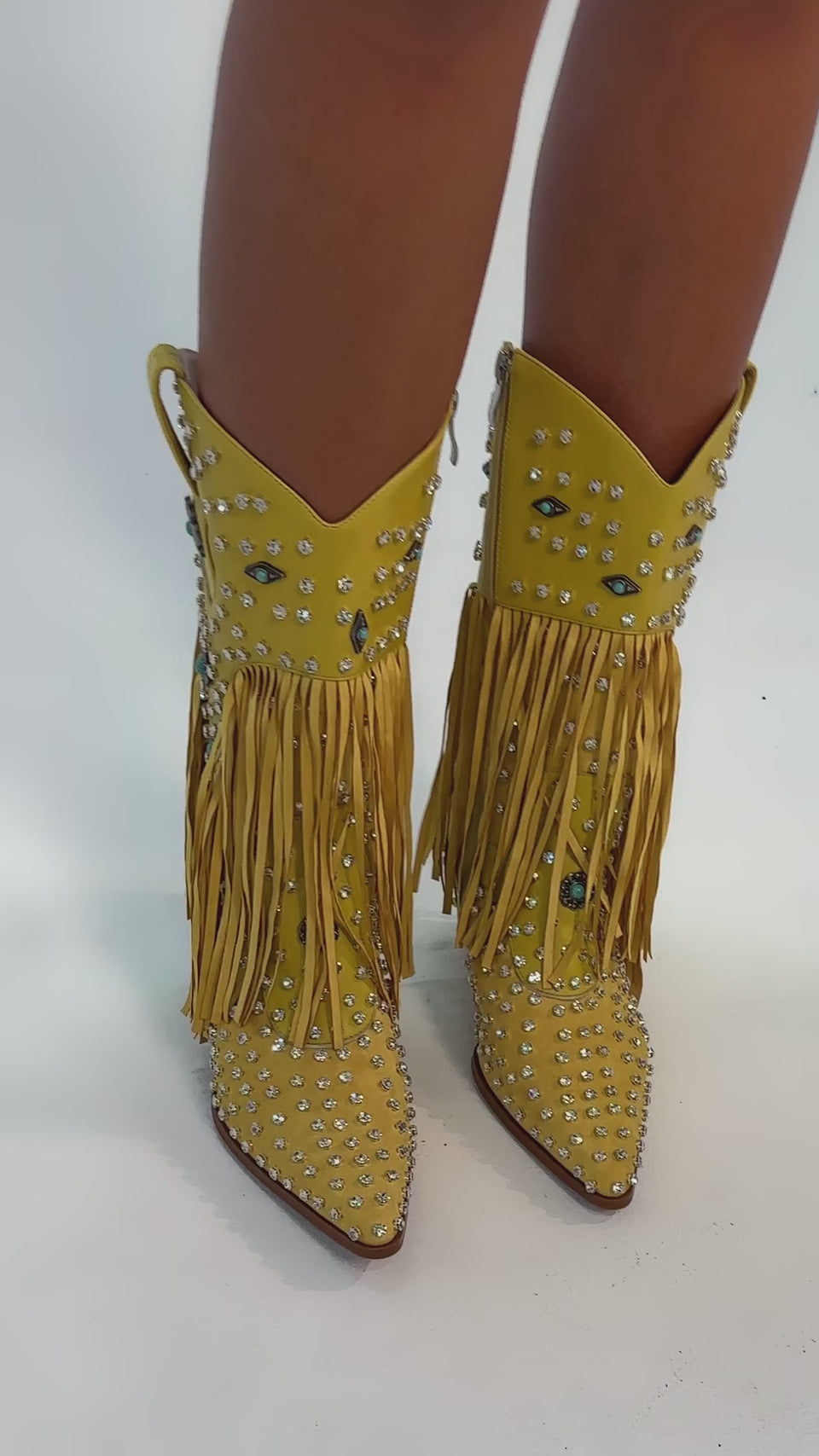 Video of woman modeling the AZALEA WANG GREYSON Yellow Rhinestone Embellished Western Bootie