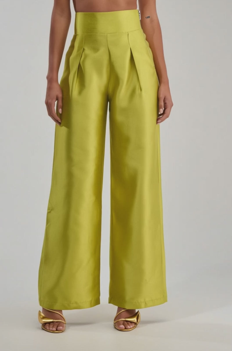 Video of a woman modeling the BY MY SIDE TROUSER IN CHARTREUSE.