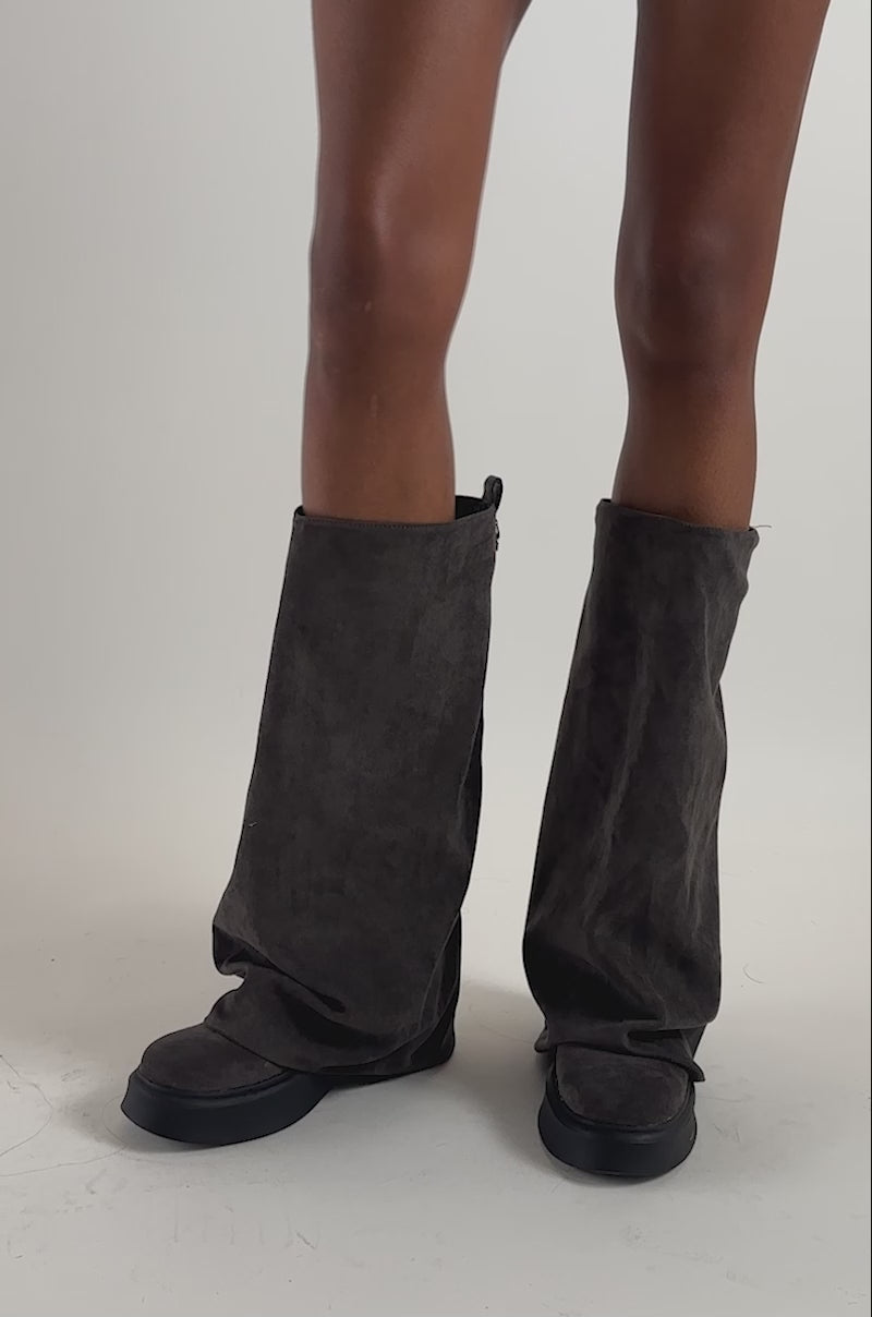 Video of a woman modeling the AZALEA WANG ASTRID Grey Faux Suede Flatform Combat Boots.