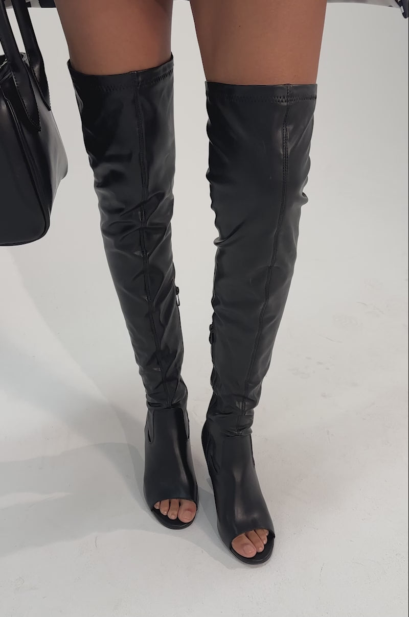 あゆ　黒38 AZALEA WANG LUMI BLACK OVER THE KNEE OPEN TOE WEDGE BOOT – AKIRA