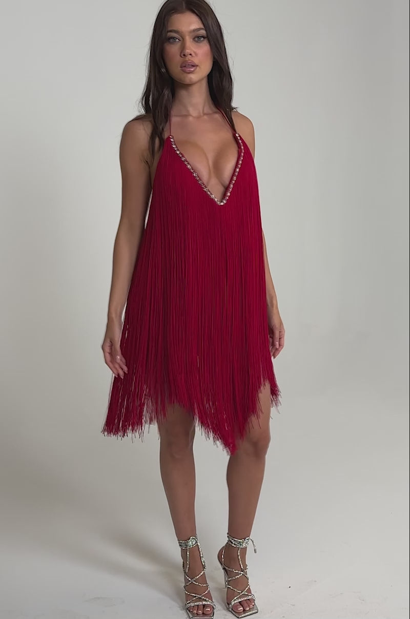LET'S CELEBRATE FRINGE MINI DRESS IN RED – AKIRA