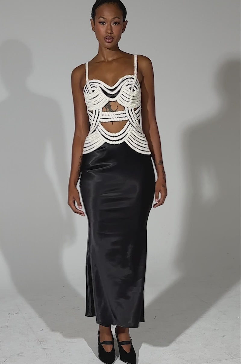 REGAL ROPE DETAIL SATIN MIDI DRESS – AKIRA