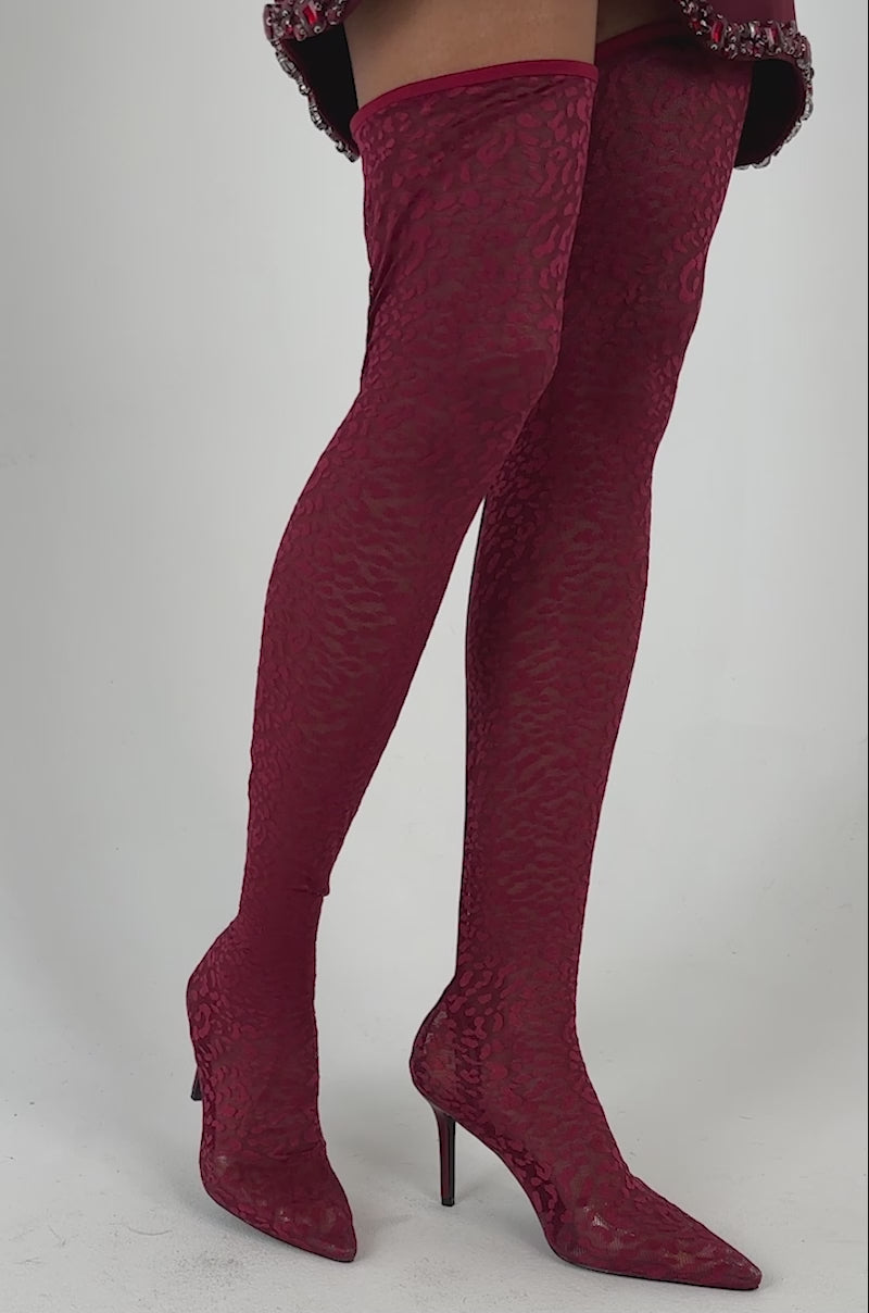 Video of a woman modeling the AZALEA WANG NEW FREYJA BURGUNDY LEOPARD LACE STILETTO THIGH HIGH boots. 