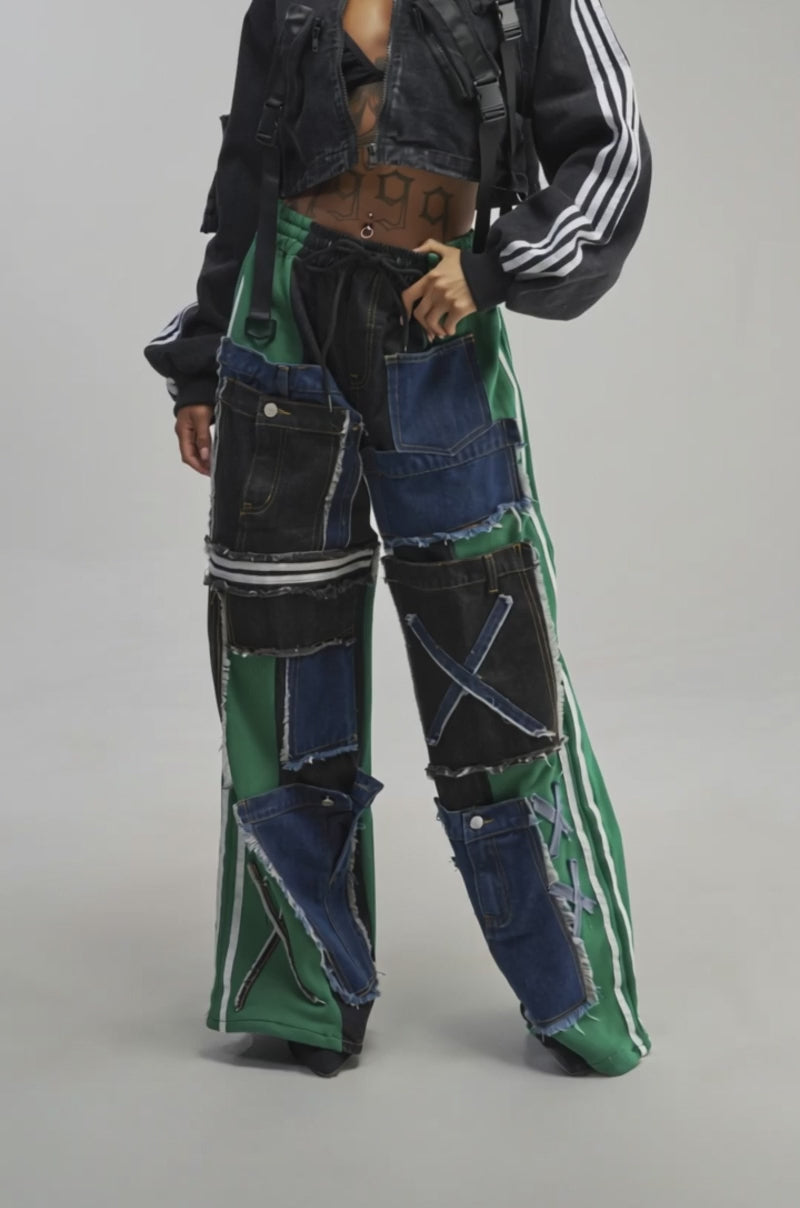 Video of a woman modeling the RAE CARGO DENIM JACKET with white stripes.