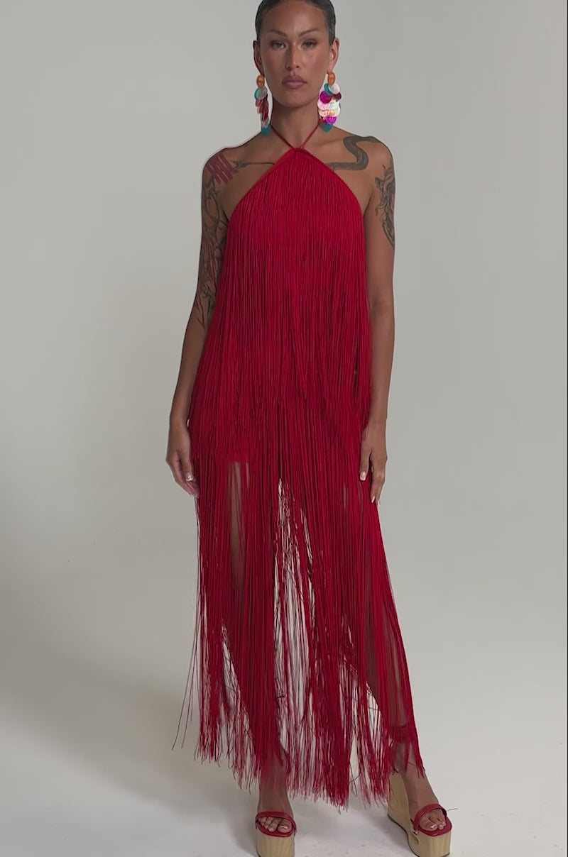 ON THE EDGE FRINGE HALTER TOP – AKIRA