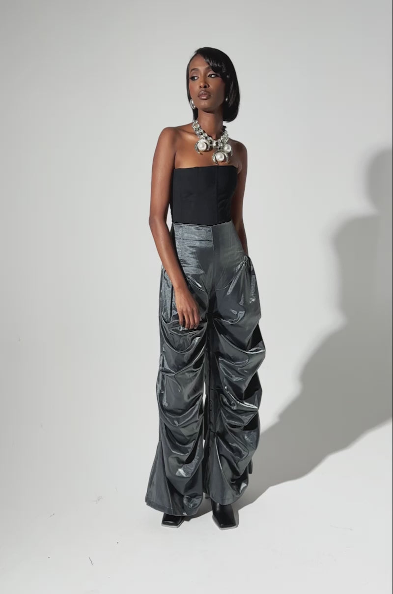 BELLA SATIN HIGH RISE TROUSER IN GREY – AKIRA