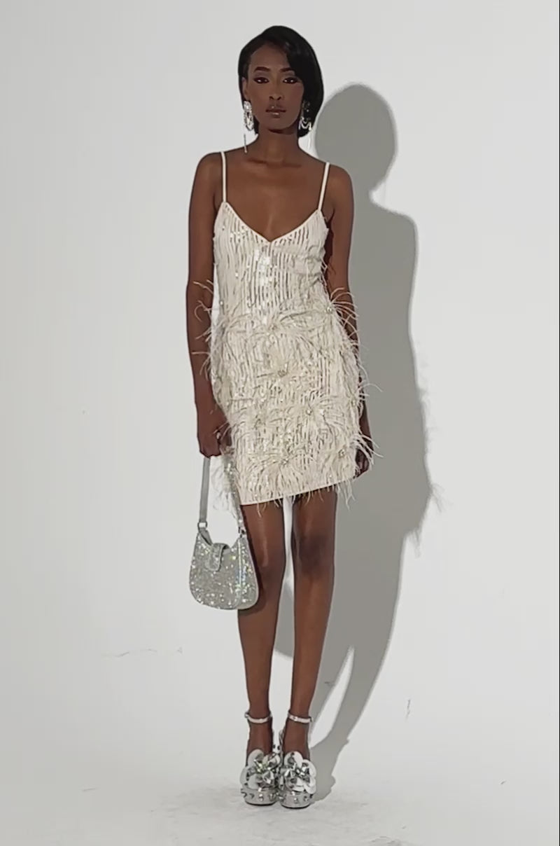 GLITZ AND GLAM FEATHER MINI DRESS – AKIRA