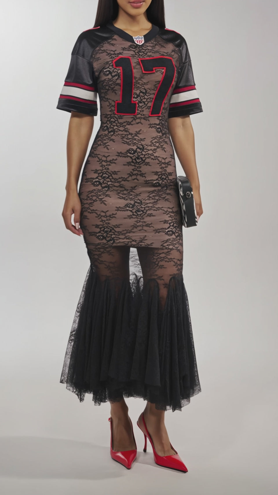 LAYUP LACE JERSEY MIDI DRESS IN BLACK – AKIRA