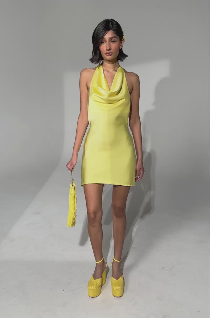 akira yellow tie mini dress DOLLY SATIN MINI DRESS IN YELLOW – AKIRA