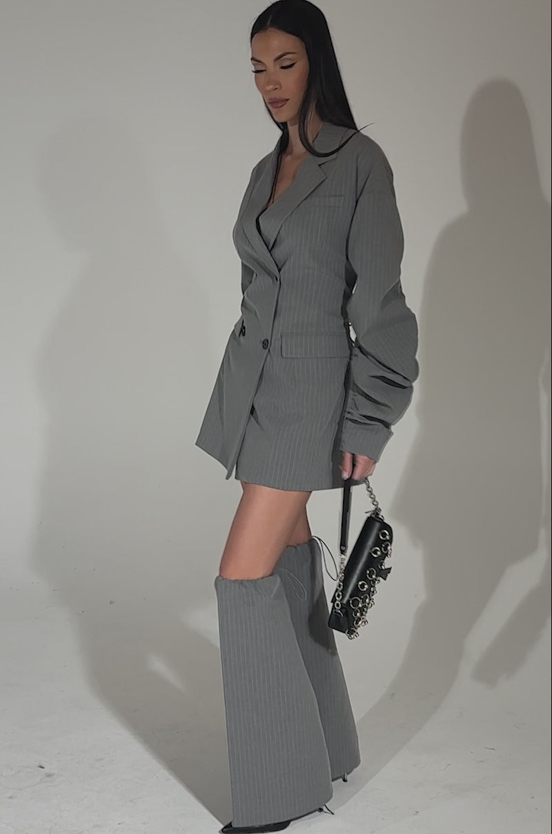 BUSINESS MEETING CHIC BLAZER DRESS AND LEG WARMER SET IN GREY – AKIRA