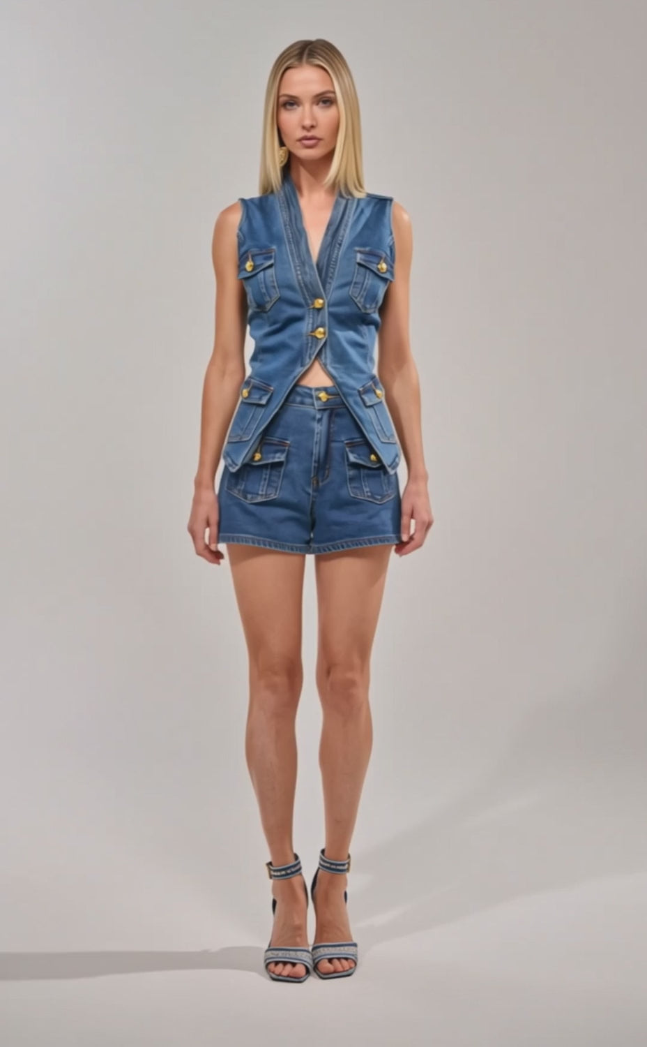 Video of woman modeling the STAY CLASSY DENIM SHORT, featuring a high-rise fit, blue denim, large front pockets, gold buttons, and visible stitching. 