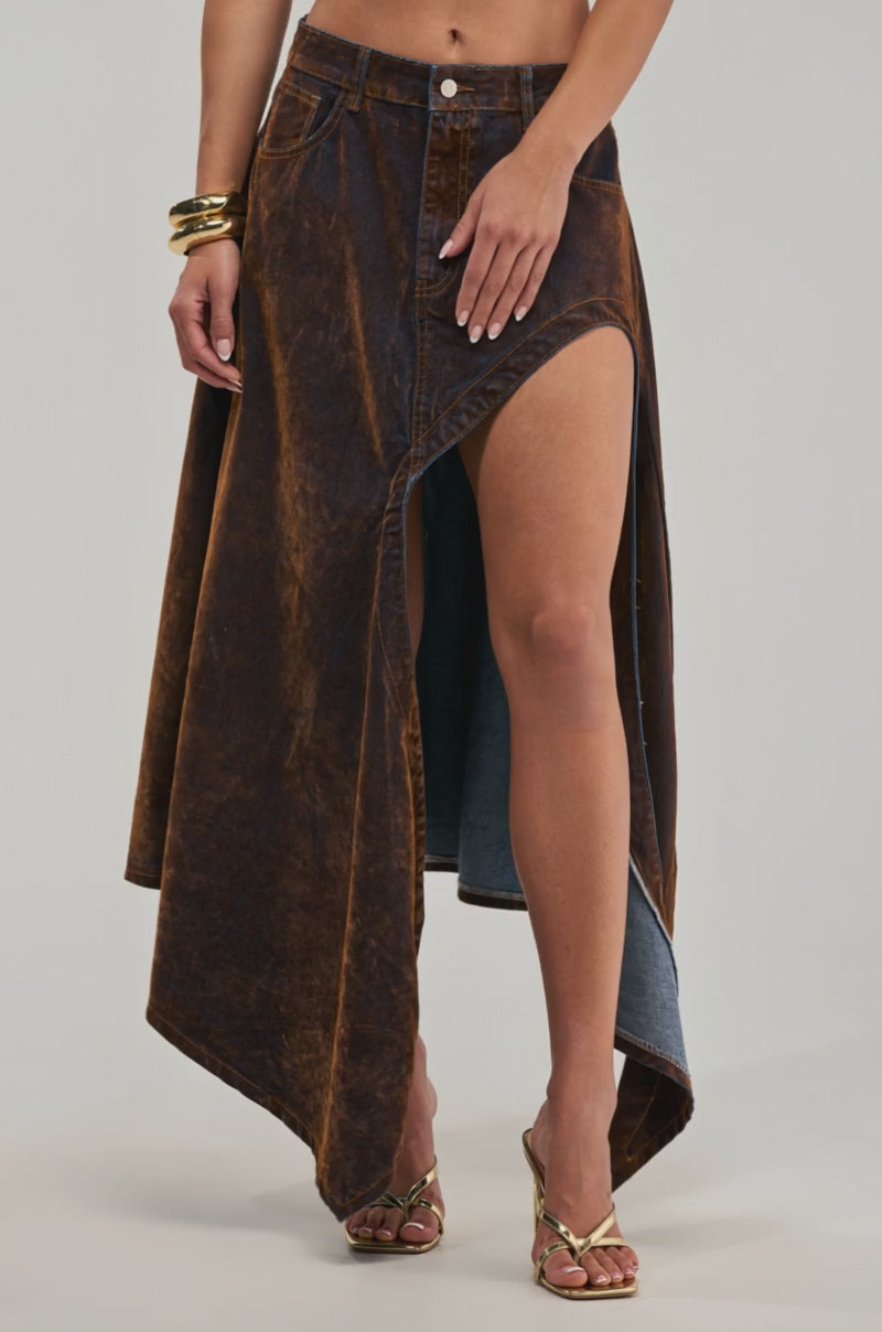 Video of a woman modeling the JESSIE VELVET DENIM SKIRT.