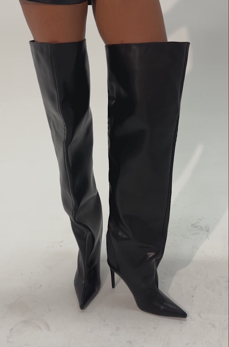 Video of woman modeling the AZALEA WANG VIREX BLACK STILETTO BOOT.