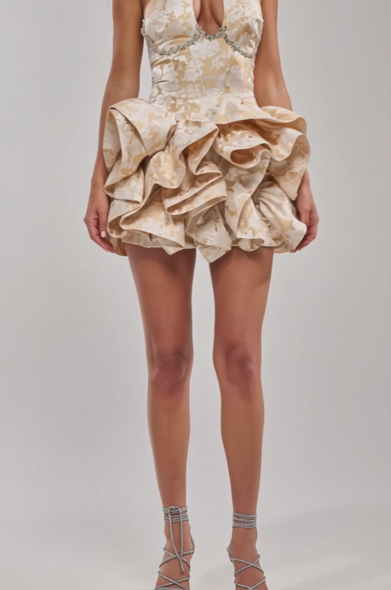 Video of woman modeling the BRIELLE RHINESTONE BROCADE HIGH NECK MINI DRESS, featuring floral brocade fabric, jeweled detailing at the chest, and a ruffled skirt.