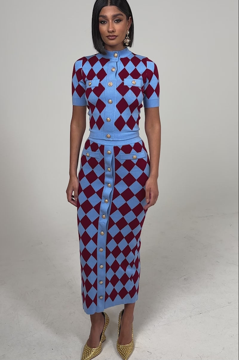 A video of a woman in the BABY GIRL BUTTON DOWN, a fitted short-sleeve blue and burgundy argyle dress with gold front buttons.