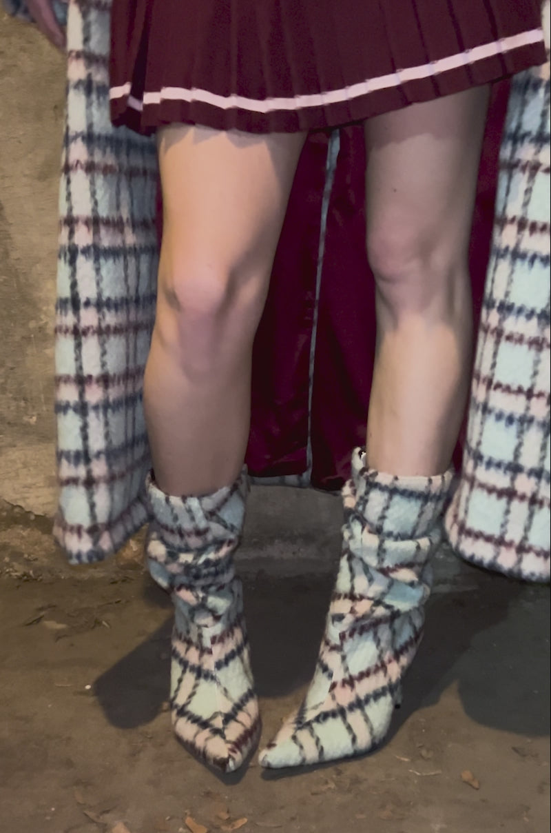 Video of woman modeling the AZALEA WANG SANJIV BLUE MULTI PLAID STILETTO BOOTIE from all angles