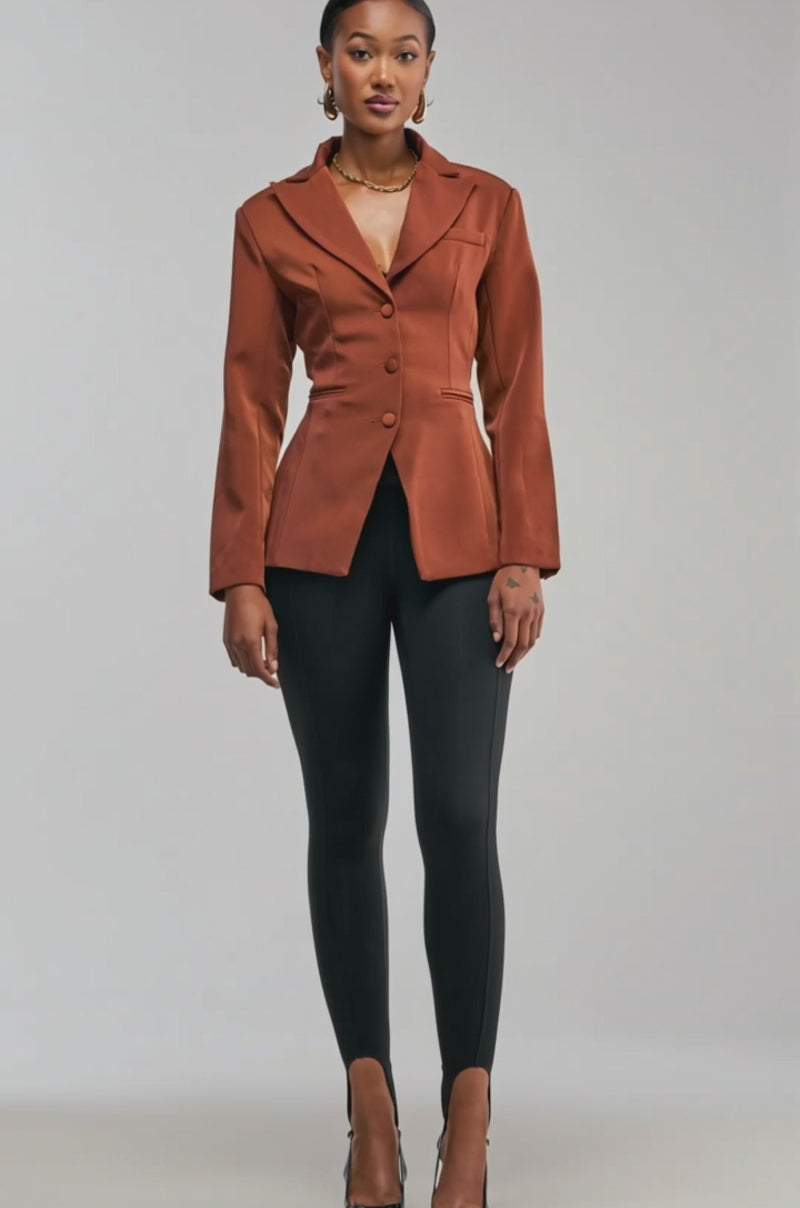 Video of a woman modeling the CATALINA BLAZER with buttons and black pants.