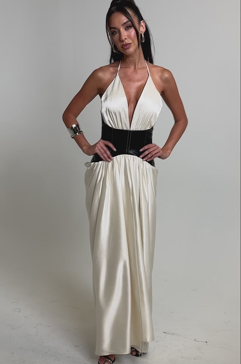 AKIRA Scarlett Halter Leather Corset Maxi Dress | Black | Size Medium
