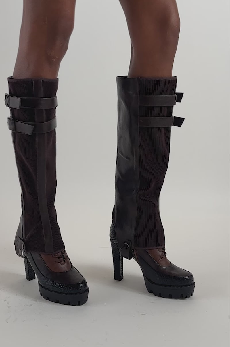 Video of a woman modeling the AZALEA WANG CINDER ESPRESSO BLOCK BOOT.