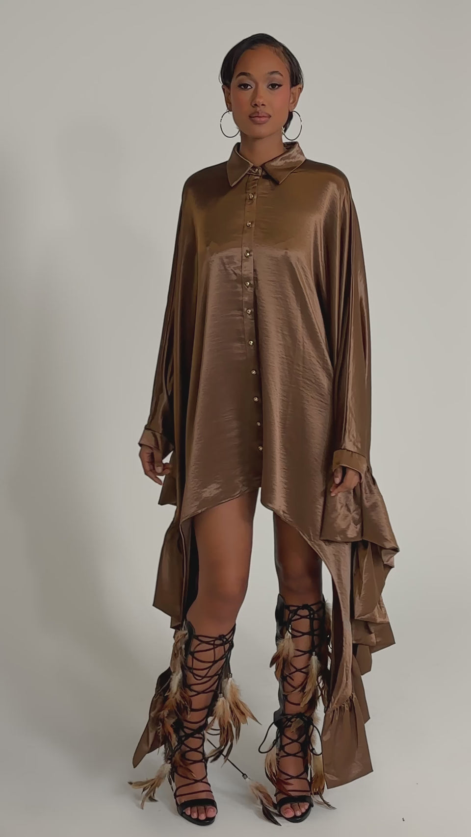 WONDERLUST SATIN LONG SLEEVE MINI DRESS IN BROWN – AKIRA