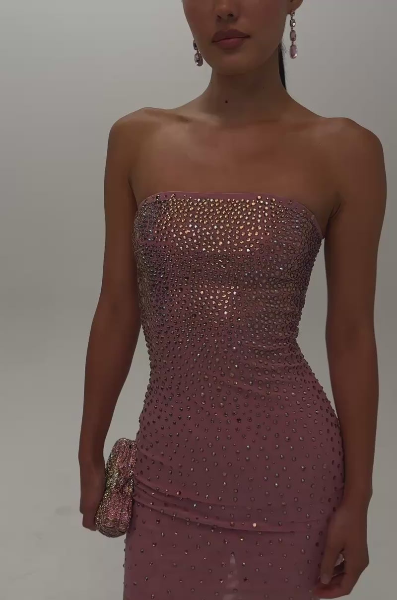 Video of a woman modeling the CALL IT CHEMISTRY RHINESTONE MINI DRESS IN MAUVE.