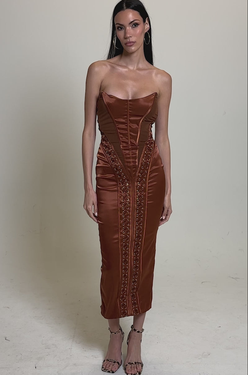 bebe satin dress WOAH BABY SATIN MIDI DRESS IN CHOCOLATE – AKIRA