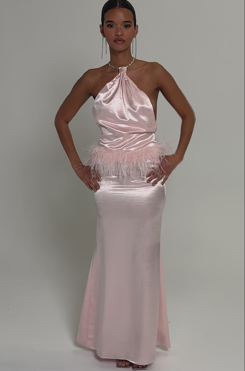 open lace back dress Zoe Dark Pink Satin Twist Split Maxi Dress With Feather Trim – Club L  London