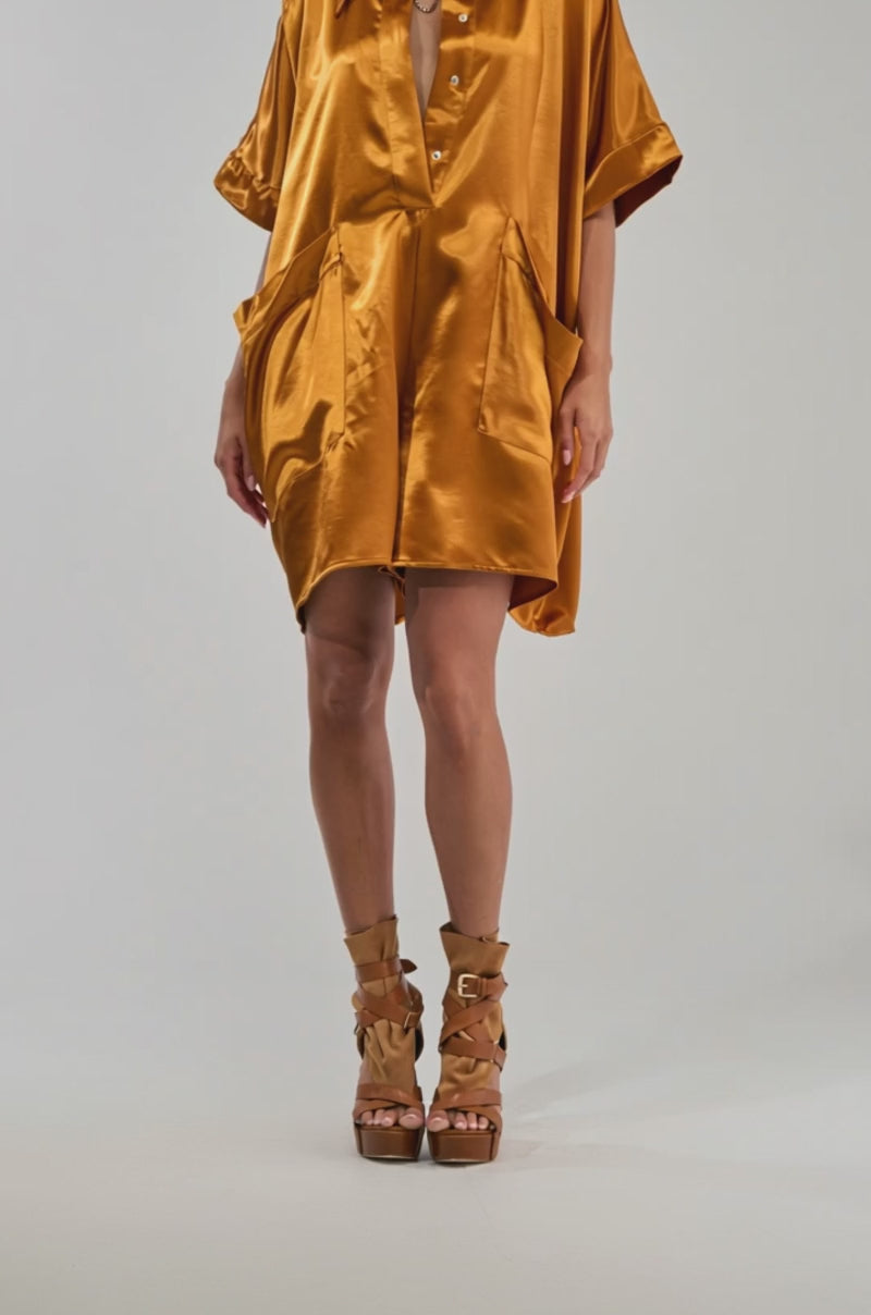AKIRA She's Rich Oversized Satin Romper In Mustard