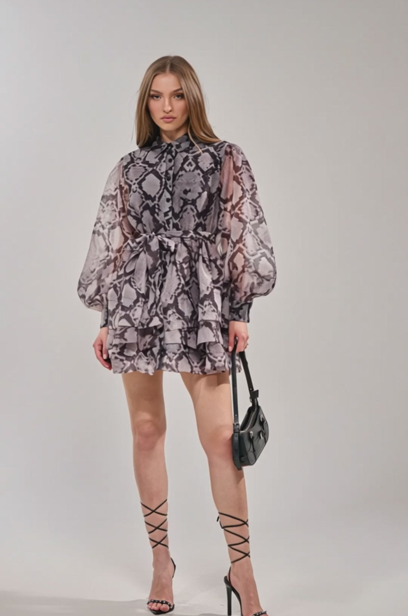 Video of woman modeling the IT GIRL Chiffon Ruffle Mini Dress in snake print—a sheer, long-sleeved, belted mini dress with a black and grey pattern.