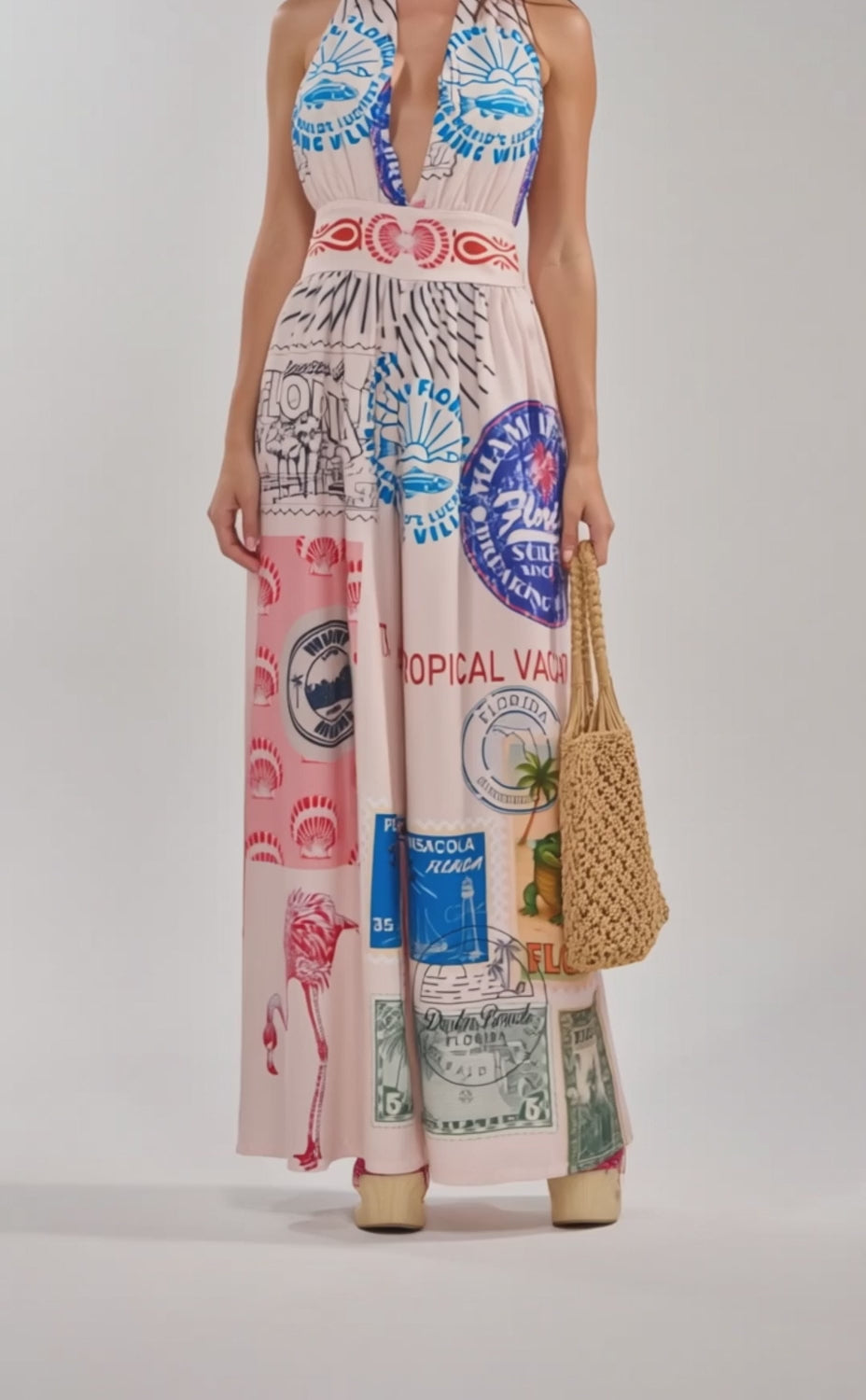 A video of a woman wearing the CATCH YOU LATER HALTER PRINTED MAXI DRESS, a long, sleeveless boho-chic style featuring vintage travel postcard prints with flamingos, palm trees, and stamps. 