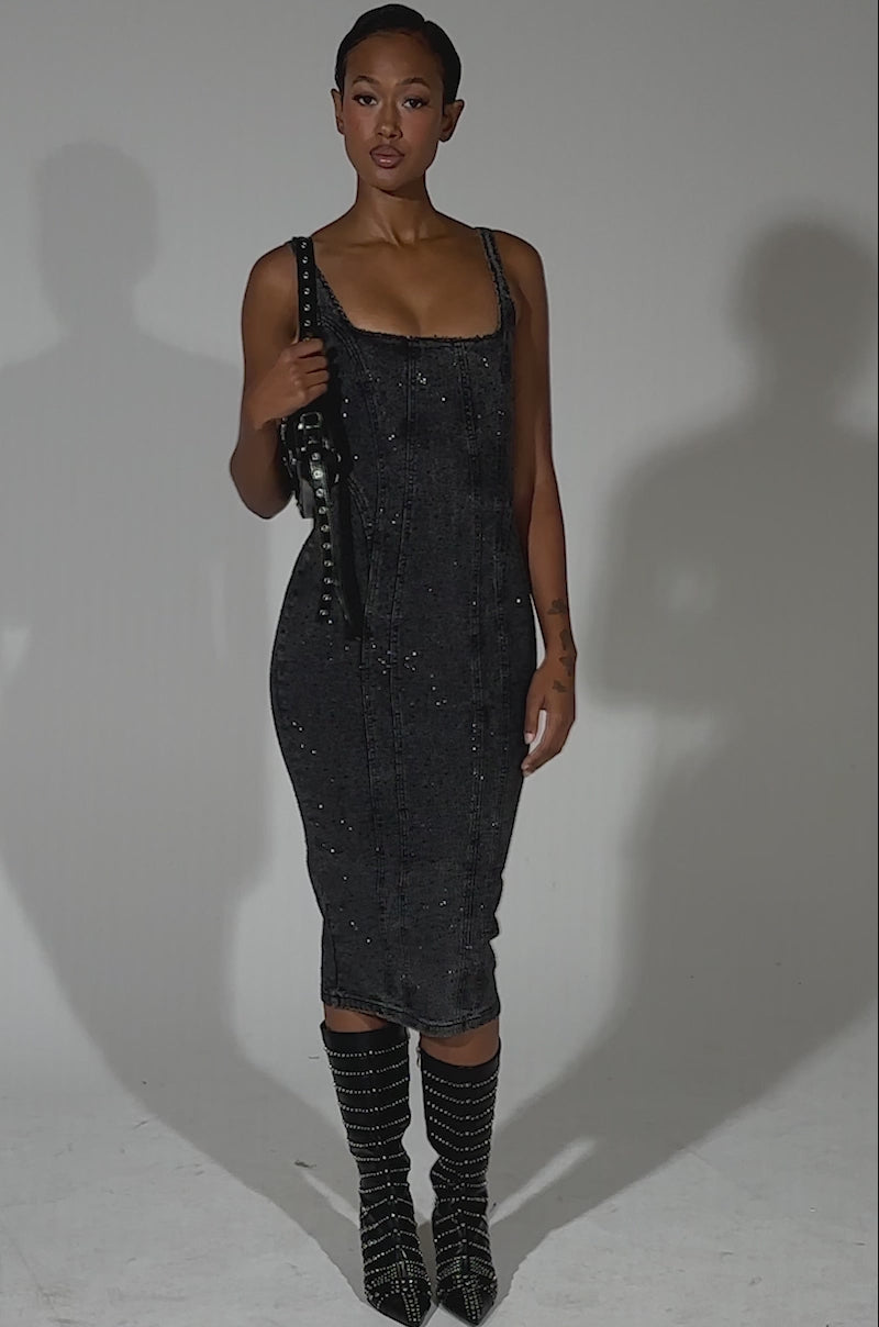AFTER HOURS DENIM RHINESTONE MIDI DRESS IN BLACK – AKIRA