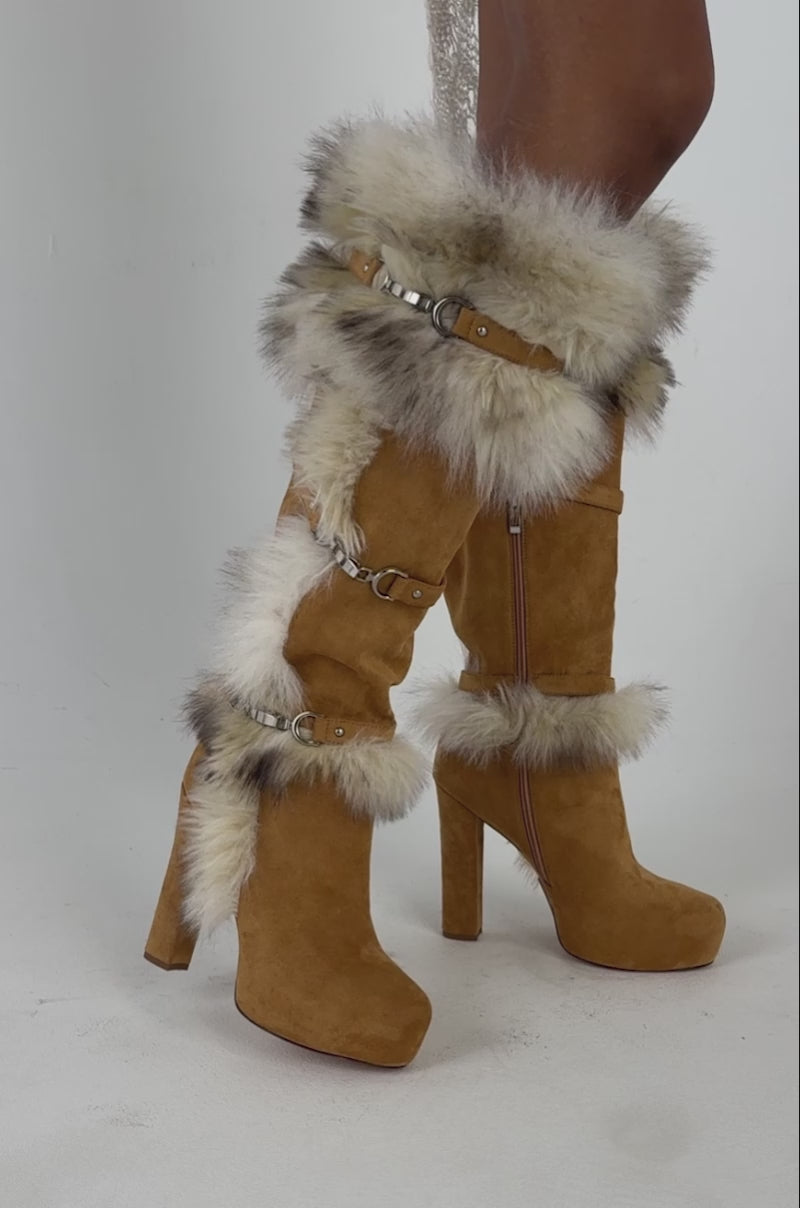Video of a woman modeling the AZALEA WANG RYLAN Camel Faux Suede and Fur Block Boot styled with white shorts and a sheer, long-sleeve lace top.