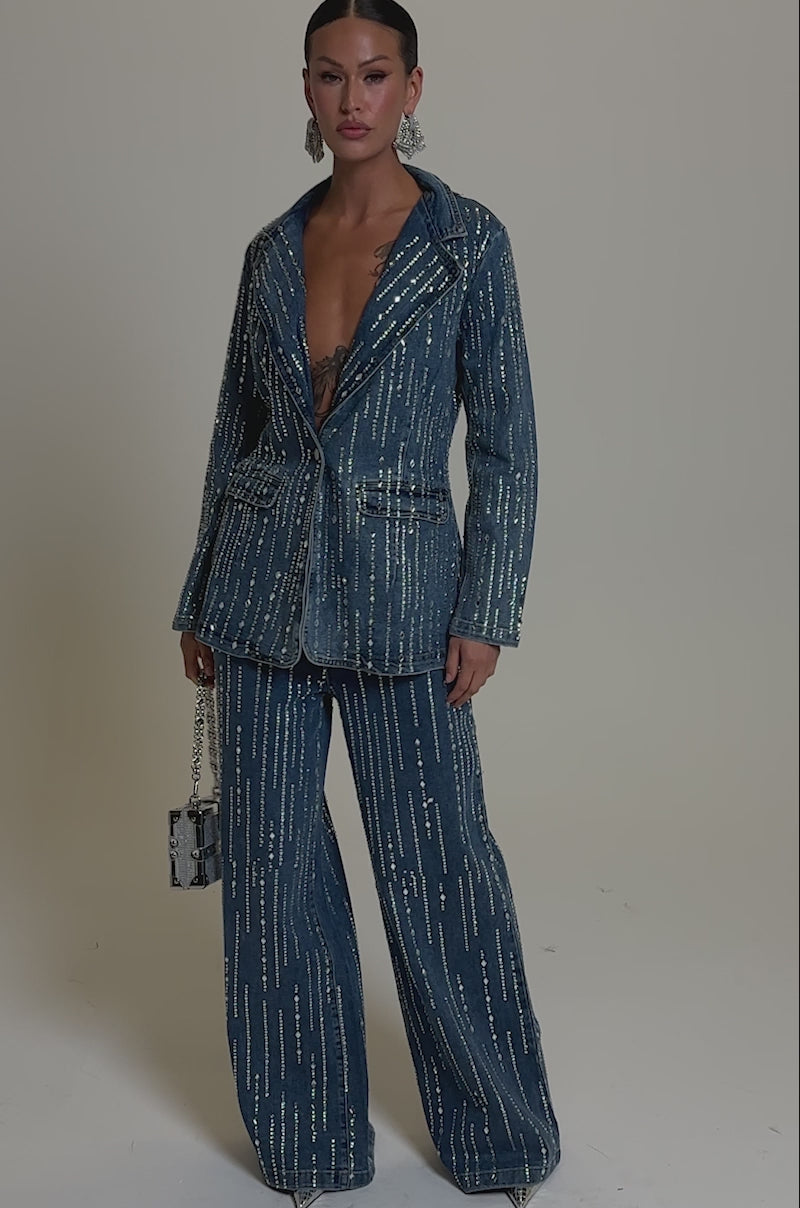 NEVER COME DOWN RHINESTONE DENIM BLAZER – AKIRA