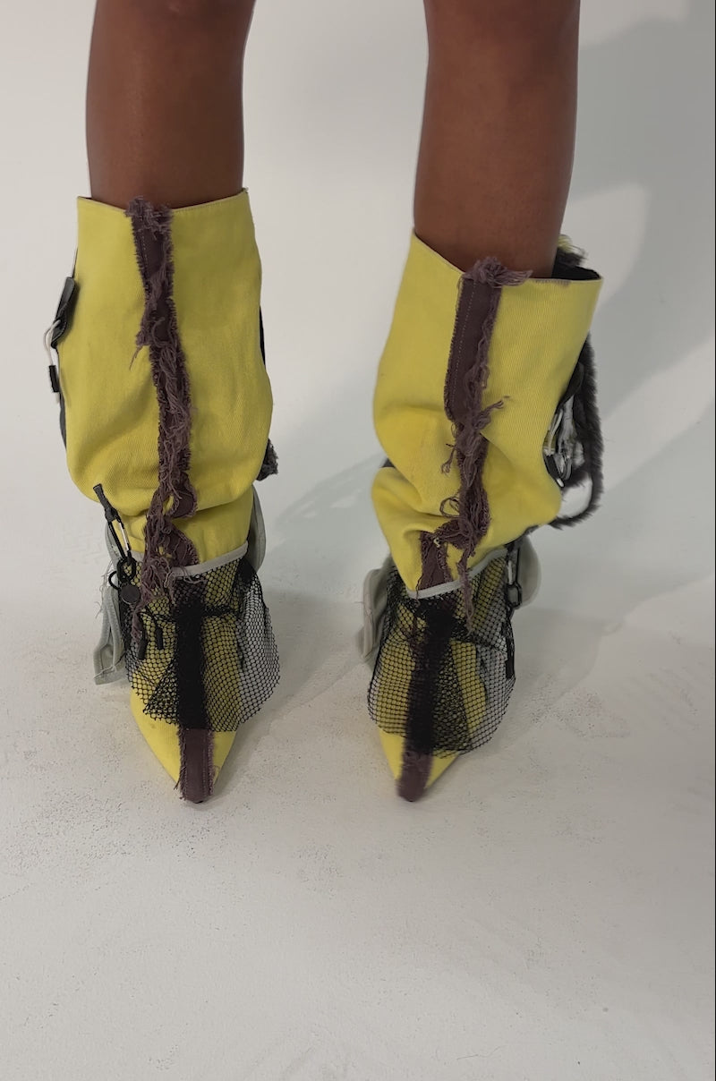 あきら AKIRA GOLD COALESCE SPORTY MIXED MATERIAL STILETTO BOOT