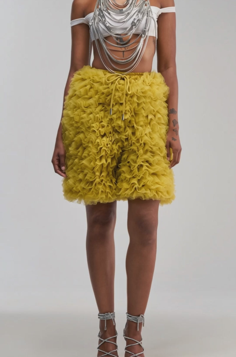 Video of a woman modeling the SOMETHING CRAZY RUFFLE SHORT in chartreuse.