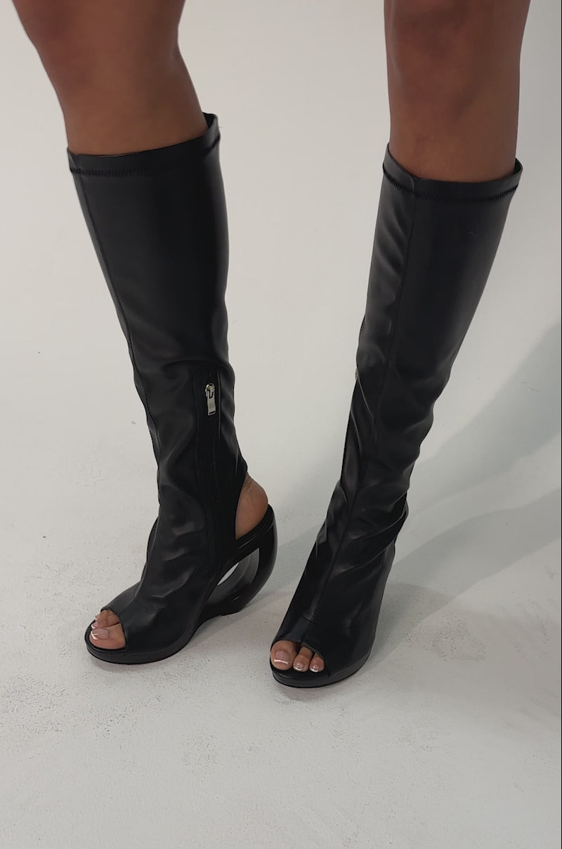 AZEALA WANG ILYSSA BLACK NOVELTY WEDGE KNEE HIGH BOOTIE – AKIRA