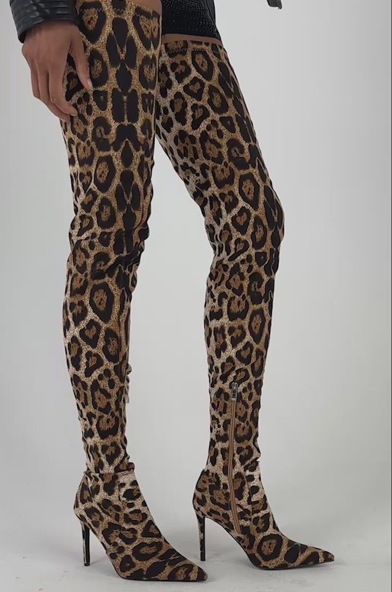 Video of a woman modeling the AZALEA WANG AVENOIR LEOPARD THIGH HIGH STILETTO BOOTS.