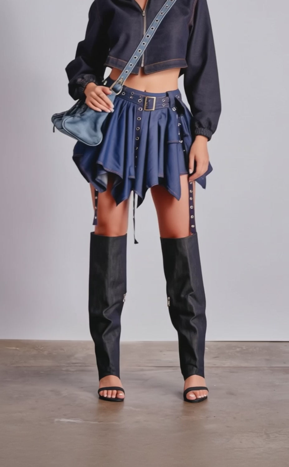 A video of a person wearing a dark denim cropped jacket, the AFTER HOURS MINI SKIRT IN MEDIUM BLUE DENIM with an asymmetrical handkerchief hem.