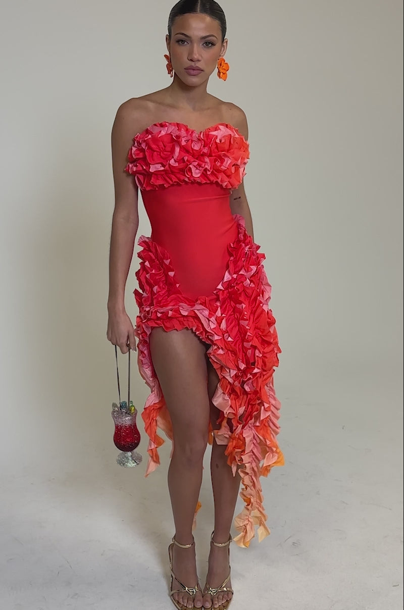 open lace back dress Red Rose Ruffles Spaghetti Strap Irregular Hem Dress, Red / L